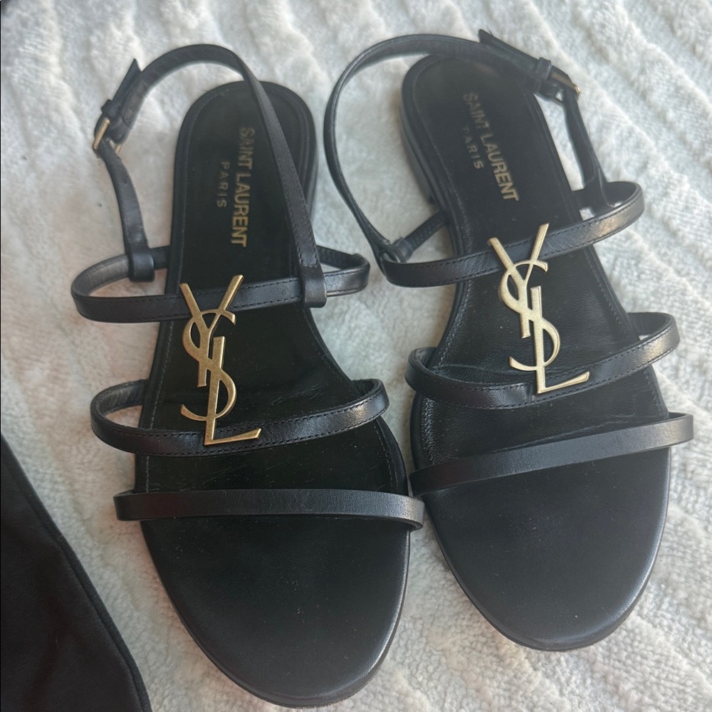 Saint Laurent Black and Gold Strappy Sandals